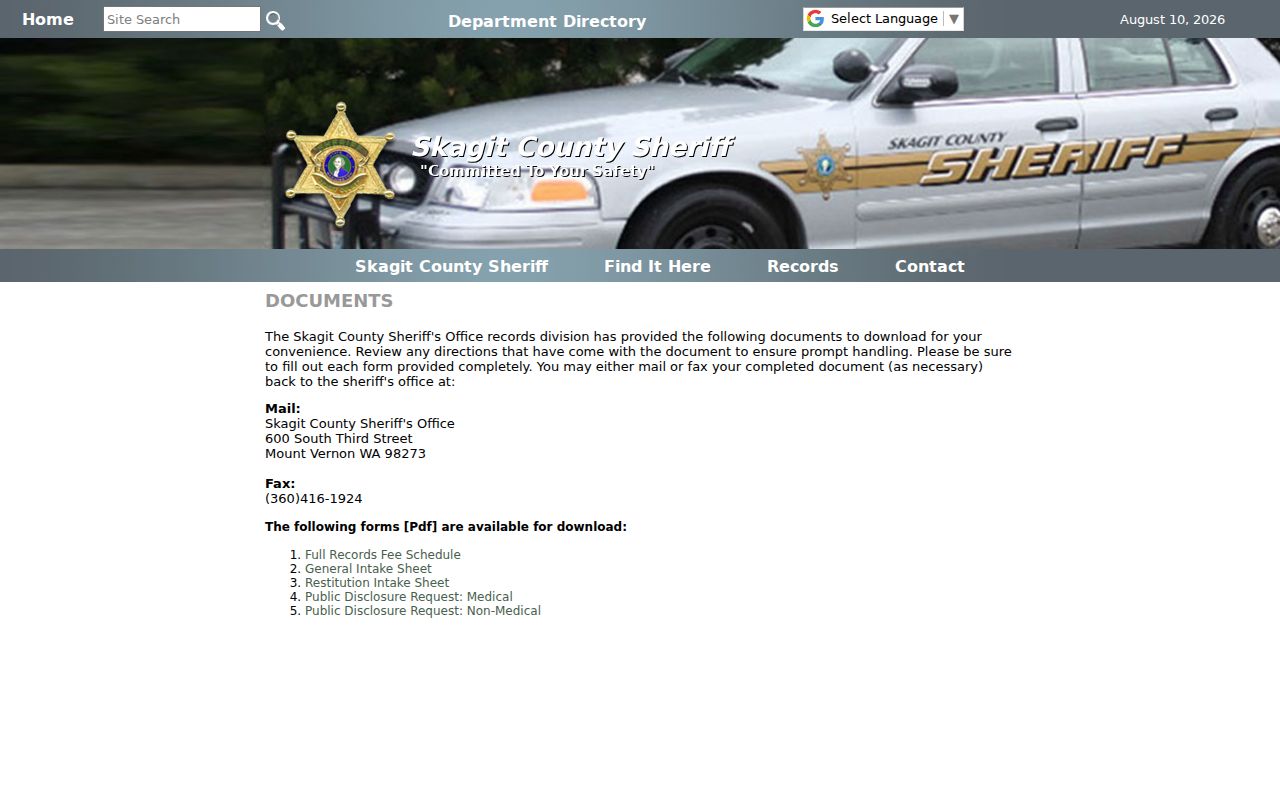 Skagit County arrest records disclosure forms and fees