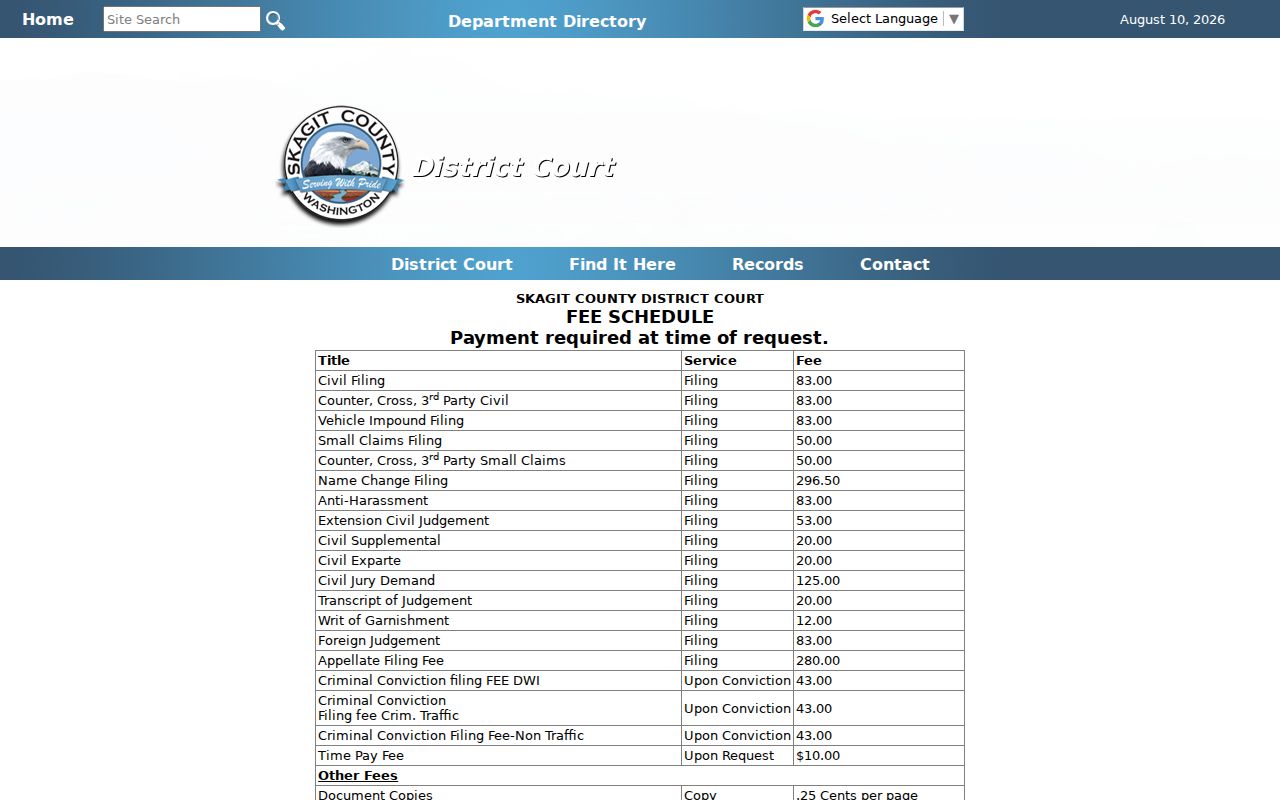 Skagit County criminal case copy and certification fees
