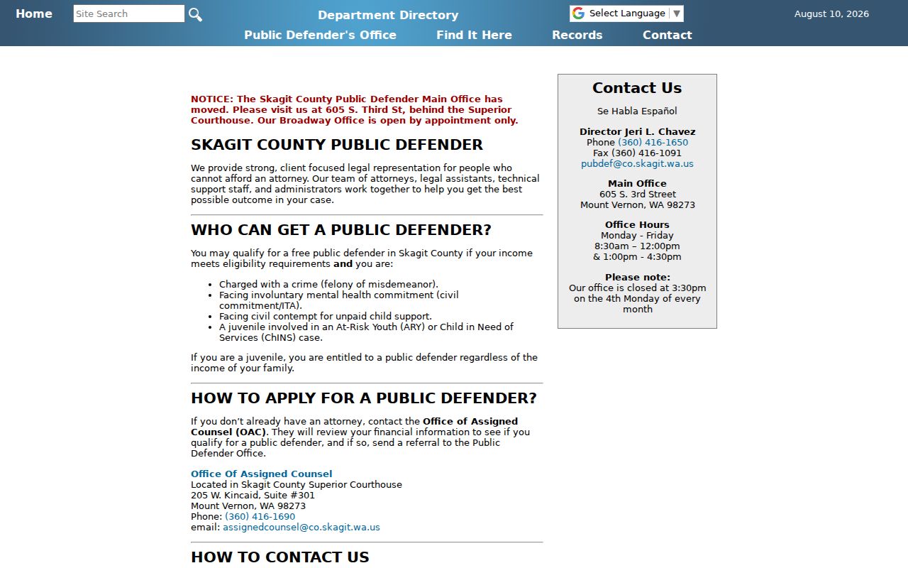 Skagit County criminal history source for the local Public Defender office