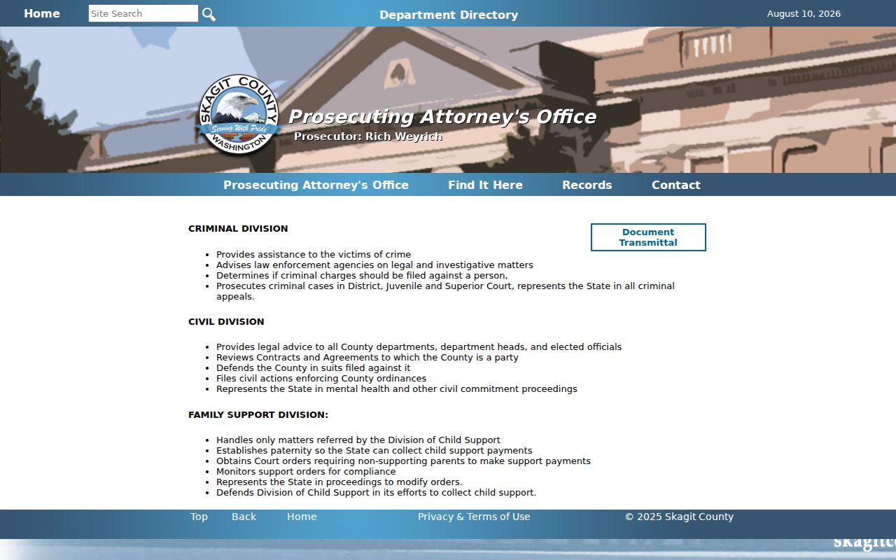 Skagit County criminal record source for the Prosecuting Attorney Criminal Division