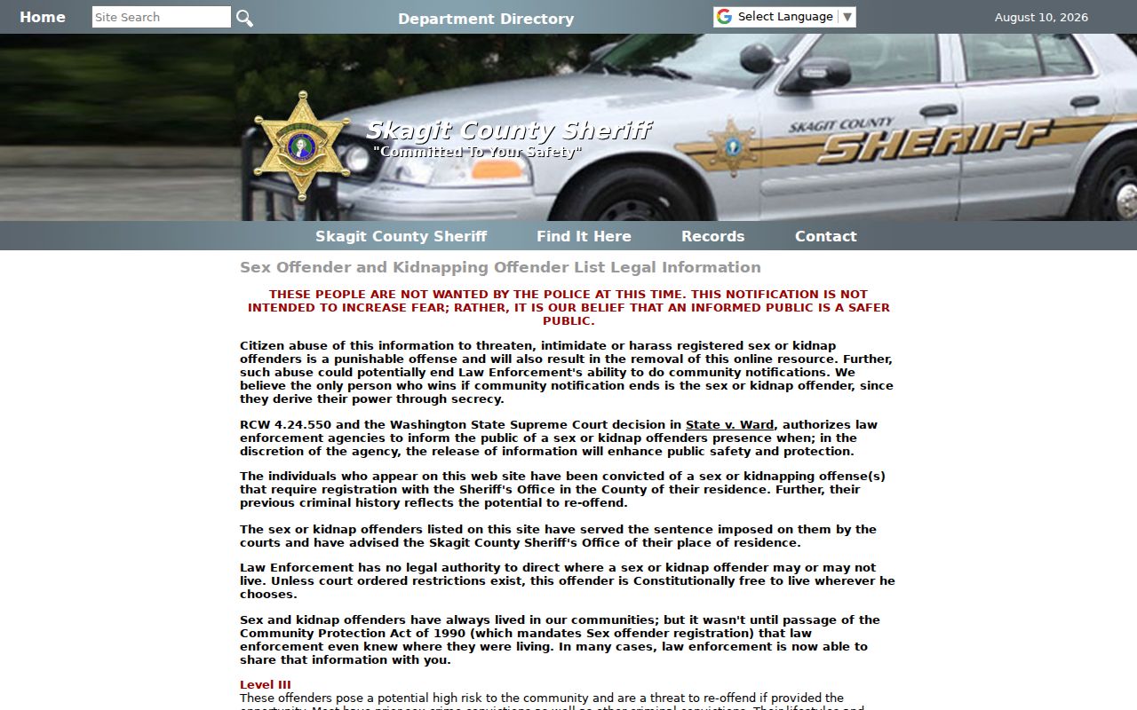 Skagit County sex offender registry risk level information